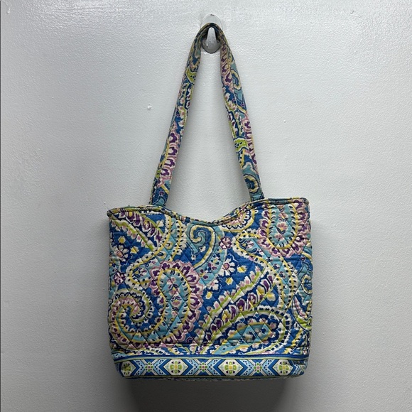 Vera Bradley Villager Quilted Tote Bag Blue Tic Tac Floral Fabric Purse Small - Picture 6 of 8